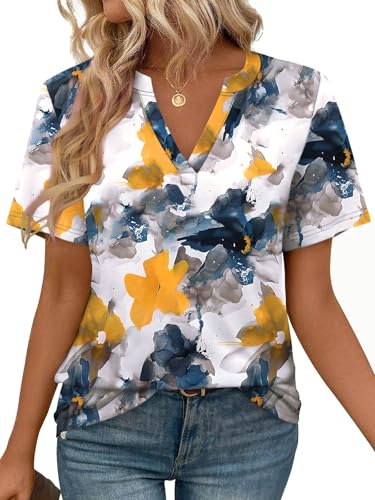 Cuptacc Tshirt Femme Ete Col V Manche Courte Chemisier Femme Chic et élégant Couleur Unie Basique Haut Fleurs Aquarelle, Grand L 42-44