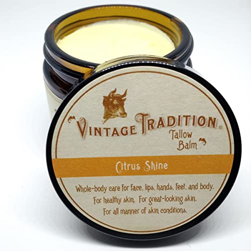 Beef Tallow All Purpose Balm â€“ Healing, Hydrating Citrus Oil Skin Care Salve Replaces Body Lotion, Hand Cream, More â€“ Essential Oil, Olive Oil, and Grass-Fed Tallow by Vintage Tradition, 2 fl. oz.