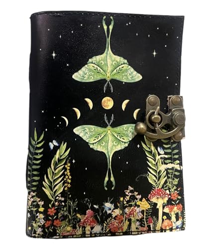 Spell Book of Shadows Journal Witchcraft Supplies Notebook with Lock Clasp Vintage Handmade Leather Luna Moths and Morpho Butterfly Notebook Prayer Pagan Witchcraft Supplies Wiccan Decor Notebook Daily