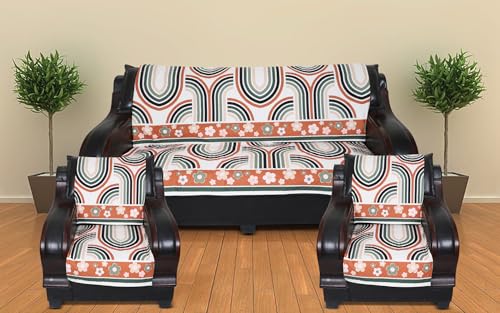 Image of 5 Seater Sofa Cover | Universal Non-Slip Fully Covered Protector for 3+1+1 Sofa Set | Durable Slipcover for Living Room Retro Waves (Cream and Orange Curves)