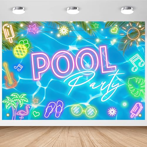 Image of Avezano Summer Pool Party Backdrop Glow Swimming Pool Beach Party Decorations Summer Pool Party Banner for Birthday Baby Shower (96 x 72 inches)