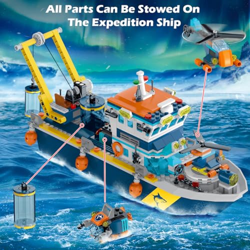 HOGOKIDS City Schwimmfähiges Boot Baukasten mit LED Licht - Spaß Arctic Explorer Schiffs Baustein Ozean Exploration mit Hubschrauber U-Boot Geburtstags Geschenk für 6+ Jahre alte Jungen Mädchen Kinder