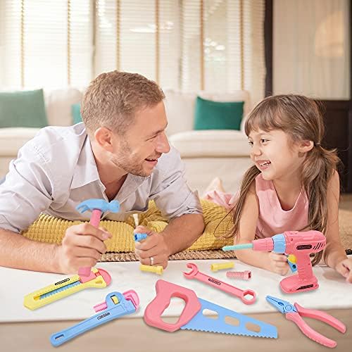 Gifts2U Girl Toy Tool Set Pretend Play Construction Tool Accessories Tool Toys with Hat Tool Box Tape Measure Toy Electric Drill Hammer