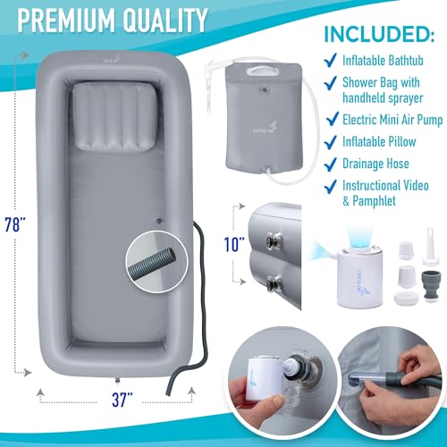 Circa Air Portable Bath Tubs Adults - Inflatable Bathtub with Bedside Shower Bag & Electric Pump,...