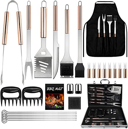 Juego de 28 utensilios para barbacoa, accesorios de acero inoxidable, pinchos para barbacoa, pinzas para barbacoa de gas, en maletín de aluminio Cover