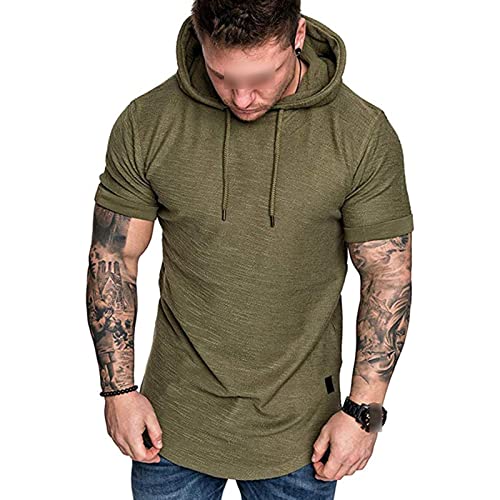 Maiyifu-GJ Men's Short Sleeve Athletic Hoodie Lightweight Workout Hooded T-Shirts Solid Color Slim Fit Pullover Sweatshirt (Armygreen,X-Large)