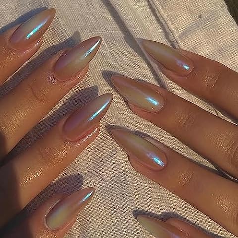 MISUD Press on Nails Medium Almond Fake Nails Glossy Glue on Nails Stiletto Acrylic Nails Colorful Ombre Chrome Artificial Nails Pearl Flash Bling False Nails with Design 24 pcs Cover