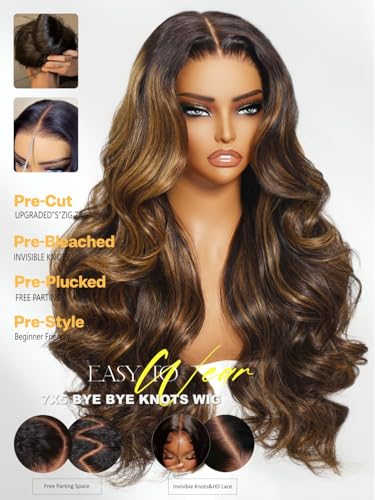 Image of Sunber Ombre Brown Balayage Body Wave Human Hair Glueless Wigs Bye Bye Slip Upgrade 3D Cap Pre Cut 7x5 Lace Front Put On Go 3S Wear Pre Plucked Invisible Knots Highlights Brown Body Wave Wig 26Inch