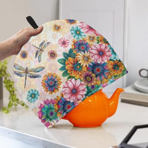 Image of Boho Flower Dragonfly Tea Pot Cosy Creative Teapot Cozies Teapot Cover with Top Handle Insulating Keep Tea Warm Teapot Warmer Ideal Gift