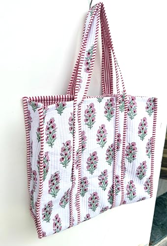 Image of Quilted Cotton Handprinted Reversible Large multicolor Floral Tote Bag,Hand Block Print Shopping Shoulder Carry Bag