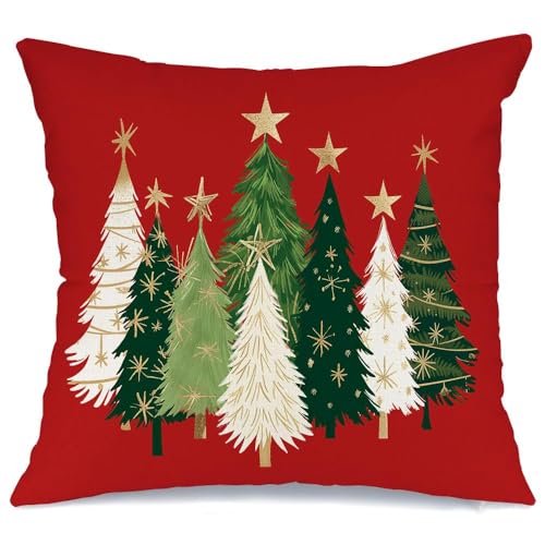 AACORS Christmas Pillow Cover 16X16 Inch Watercolor Christmas Tree Stars Decoration Holiday Farmhouse Winter Pillow Case for Sofa Couch Decor（Red） AA231-16