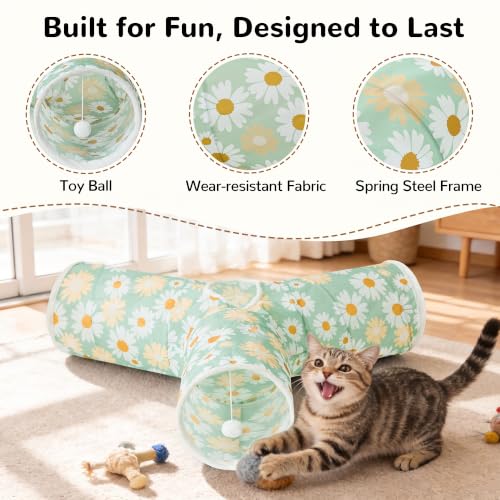 Image of Tempcore Cat Tunnel, 3-Way Collapsible Toy, Large Size Daisy Green Printed | Large Size 3-Way Cat Tunnel Provides More Room for Cats to Run, Hide and Chase, with Peek Holes, Hanging Ball and Teaser Wand