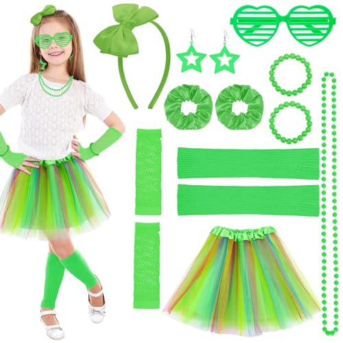 ViEinkaufen 80s Fancy Dress for Girls,90s Kids Neon Fancy Dress Set Kids Tutu Leg Warmers Fishnet Gloves Sunglasses Earrings Necklace Headband Scrunchies Neon Party Accessories