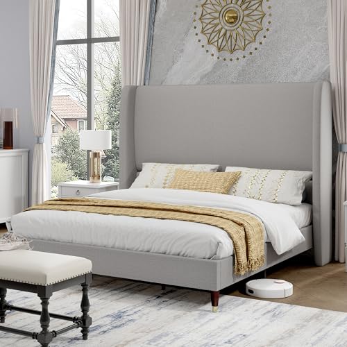 PaPaJet Queen Size Bed Frame High 51.2" Wingback Headboard, Upholstered
