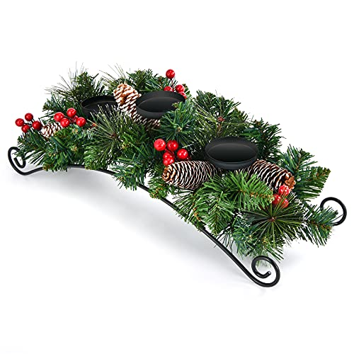 Bougeoir de Noël Centre de table pour table - Pommes de pin, baies rouges avec 3 bougeoirs pour salle à manger, cuisine, cheminée, vacances de Noël et décoration de la maison Cover