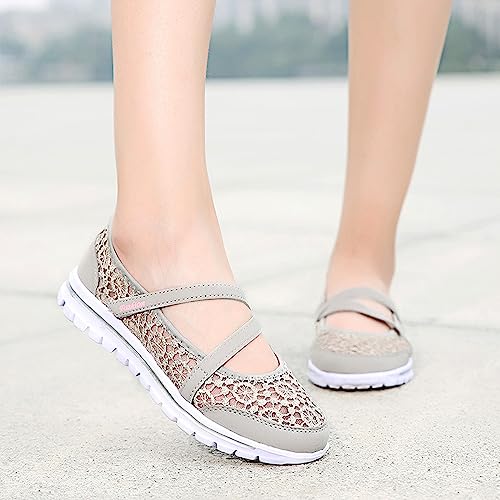 Women's Lace Mesh Adjustable Breathable Flat Walking Shoes Casual Non-slip Lightweight Sneakers Comfortable Slip-On Shallow Mouth Mom Shoes Nurse Working Shoes Mary Jane Shoes (Grey,7.5,Female) by Optigard - Used condition - Image 2