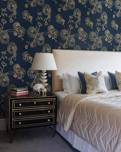 Image of Blue and Gold Rose Wallpaper - Self Adhesive Peel and Stick Floral Wall Stickers, Waterproof PVC Vinyl Decorative Paper for Home, Bedroom, Living Room & Furniture (45cm x 300cm)