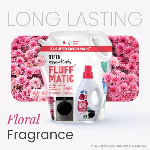 Image of IFB Essentials Fluff Matic Liquid Detergent - 5 Ltr Super Saver Pack | Removes Tough Stains | Concentrated Formula for Extra Washes | Long Lasting Floral Fragrance | Preserves Softness & Shine