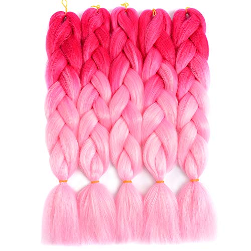 Cadiro 5 Packs Ombre Jumbo Braiding Hair For Twist 24 Inches Kanekalon Jumbo Braids Synthetic Hair Extension (Red-Pink)