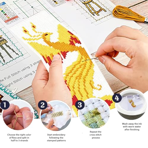 Image of ACRNIGHEET 6PCS Cross Stitch Bookmark Kit for Beginner Stamped Cross Stitch Kits for Adults Phoenix DIY Tassel Embroidery Bookmark Kits Needlepoint Kit with Instructions Craft Gift 8.5''x3'' 11CT