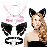 Whaline 4Pcs Cat Fox Faux Fur Ears Headband Bell Heart Choker Necklace White Black Pink Ear Headband Girl Cosplay Plush Furry Cat Ear Headwear for Girl Women Adult Cosplay Costume Party Halloween