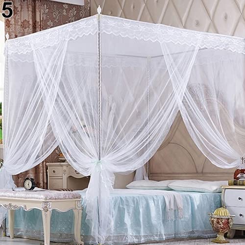 Remorui Romantic Princess Lace Canopy Mosquito Net No Frame 4-Corners Post Bed Canopy for Twin Full Queen King Bed White Queen