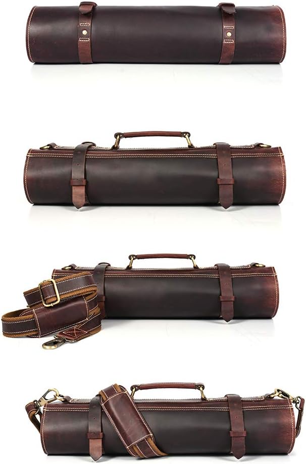 Tolredo Top Grain Buffalo Leather Chef Knife Roll Case 10 Slot and 1 Zipper Pocket for Culinary Storage Portable Bag with Detachable Shoulder Strap (Walnut, 29.5" X 20")