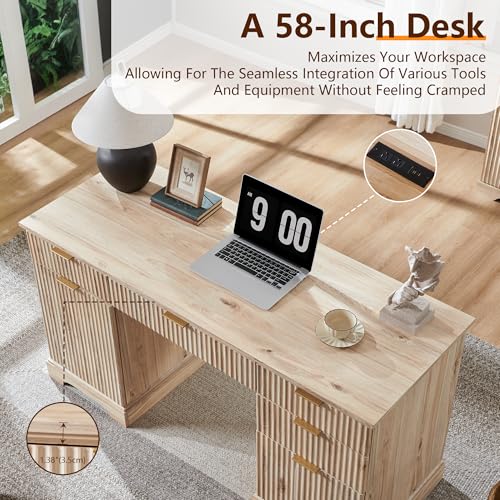 Image of 58 inch Modern Wood Executive Desk with 5 Drawers & 1 Cabinet, Built‑in Outlet | Wood Home Office Desk with 5 Drawers & 1 Cabinet, Fluted Computer Writing Desk for Study, Living Room, Bedroom, Oak