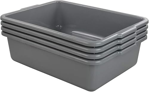 Caja de bañera de autobús comercial gris de 24 cuartos de galón, caja de autobús utilitario de plástico, juego de 4, 21.06 x 15.35 x 5.9 pulgadas