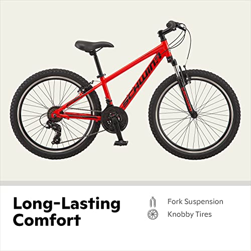 Image of Schwinn High Timber AL Mountain Bike for Youth Boys Girls, 24-Inch Wheels, 21-Speeds, Front Suspension, Aluminum Frame and Alloy Linear Pull Brakes, Red