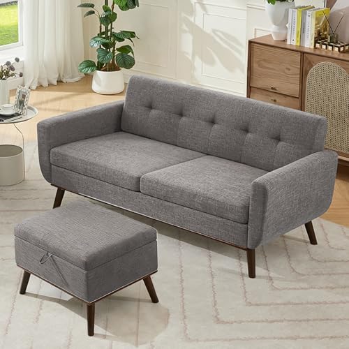Image of Kingfun Living Room Furniture Sets, Standard & Ottoman, Mid Century Modern Decor Sofa Couches, Button Tufted Upholstered Furniture, Gray | linen fabric