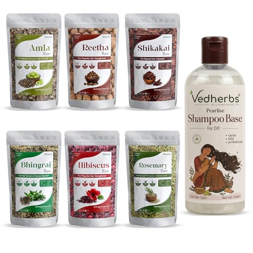 Image of Vedherb Raw Amla Reetha Shikakai Bhringraj Hibiscus Rosemary Leaves 300g with Shampoo Base 200ml | Ayurvedic Blend for Healthy, Shiny & Strong Hair | Herbal Cleanser, Conditioner & Nourishment for Hair & Scalp