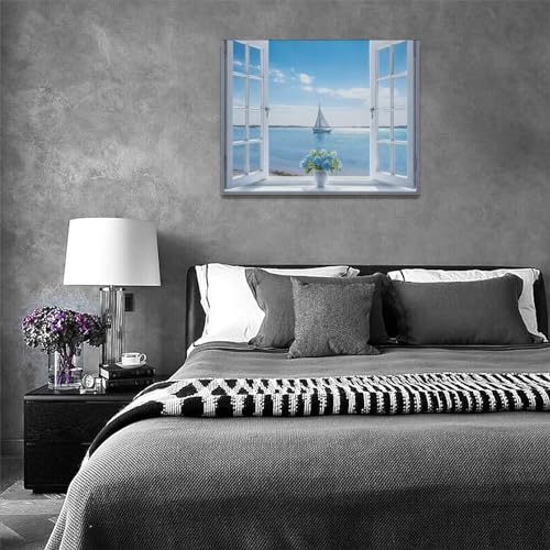 Ocean Bathroom Decor Wall Art Coastal Seascape Hydrangea Pictures Wall Decor Window View Sea Canvas Prints Blue Sky Sailboat Painting Modern Artwork Home Decoration for Bedroom Living Room 16"x12" - Image 6