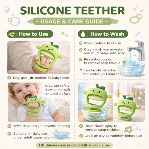 Image of Lefan Silicone Baby Teether with Wrist Strap, Soft Chew Teething Toy for Infants, BPA Free Food Grade Silicone, Easy Grip Anti-Drop Teether for Newborns & Toddlers Infant Gum Massager Toy- Green