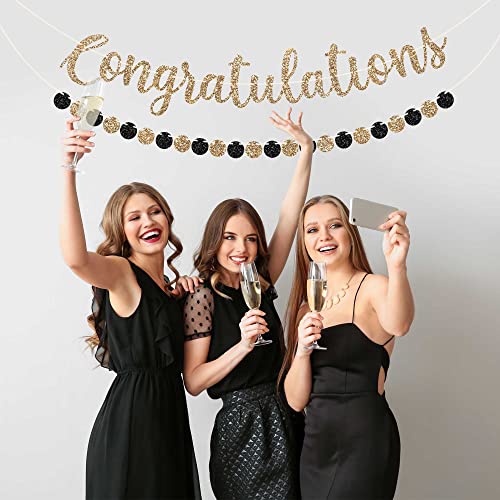 Image of Pre-strung Congratulations Banner - Gold Glitter Congratulations Banner | No DIY - Pre-strung Garland on 6 ft Strands - Black & Gold Graduation, Wedding, Retirement Party Decorations & Decor