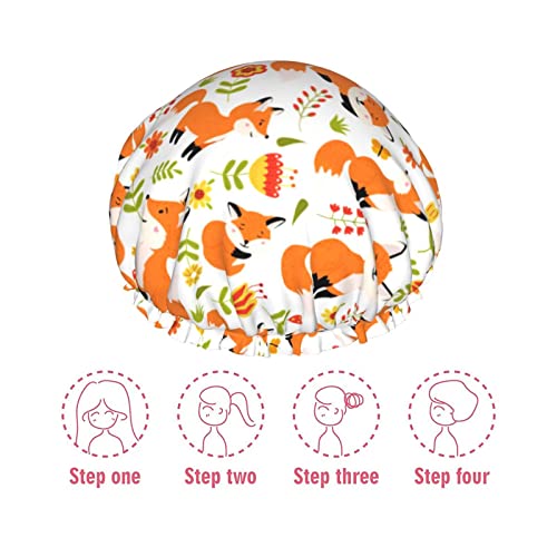 Fox Shower Caps For Women Reusable Waterproof Women Shower Caps Reusable Peva Lining Hair Cap For Shower Double Protection Layers Elastic #TOP6