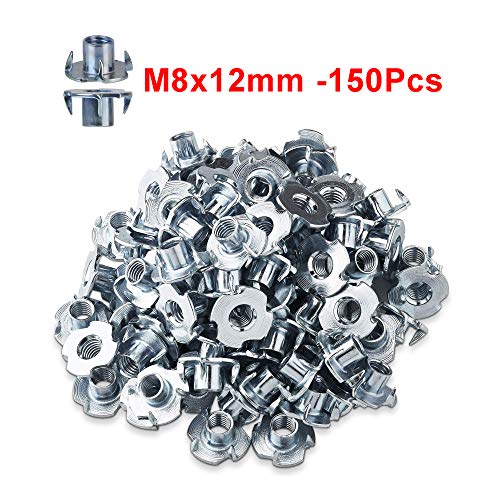 LIKERAINY Tuercas M8 x 12mm con 4 Dientes Metal T-Nuts Tuercas de Fijación para Muebles de Madera Insertos Ciegos Tuerca 150Pcs