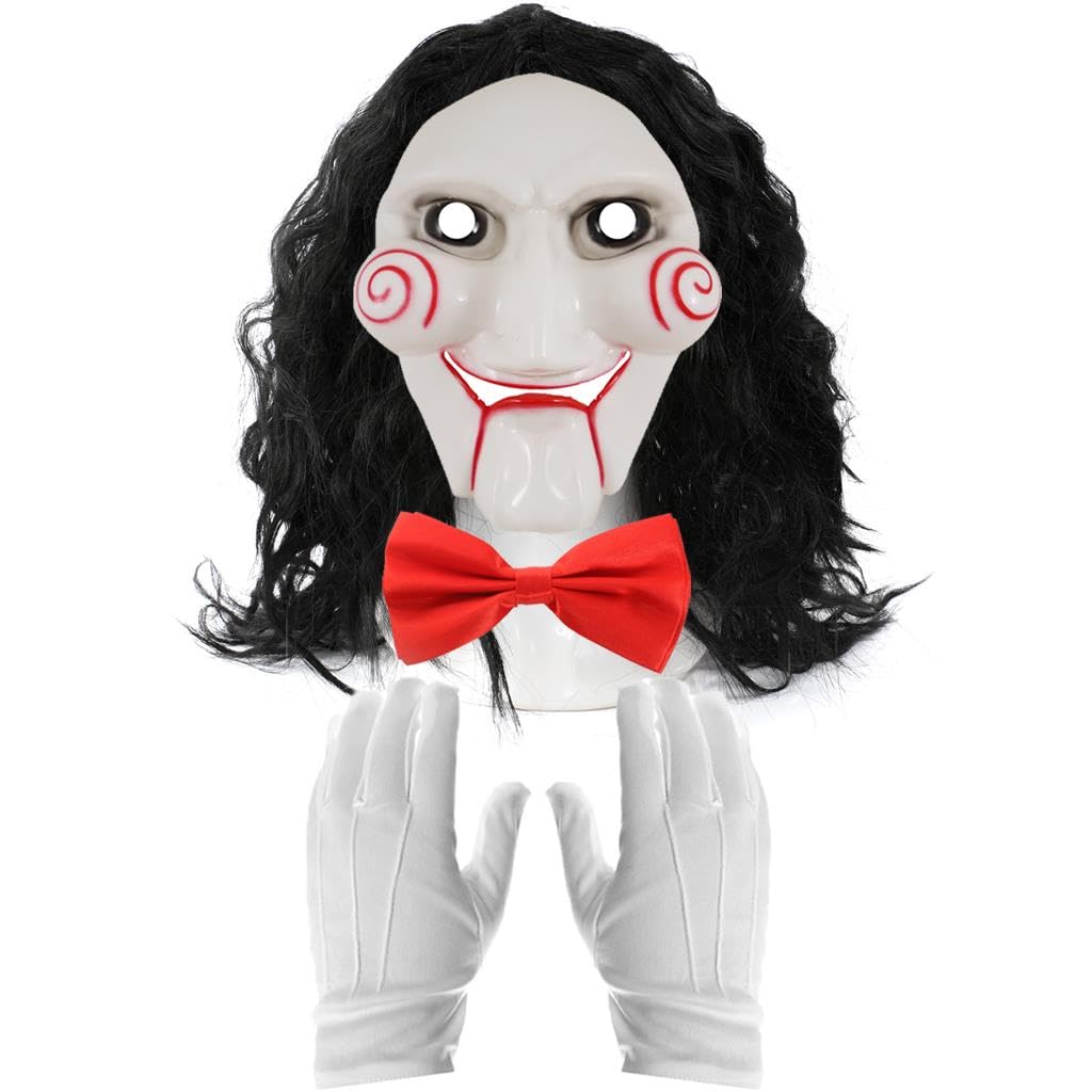 Scary Puppet Mask, Black Wig, White Gloves & Bowtie – Puzzle Game Horror Movie Halloween Outfit for Spooky Fancy Dress, Party & Cosplay