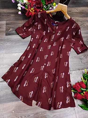 Image of OM SAI LATEST CREATION Slub Rayon Fully Stitched Anarkali Foil Print Kurti for Women & Girls on Jeans Palazzo or Skirt (Plus Size Upto 2XL) (Black)