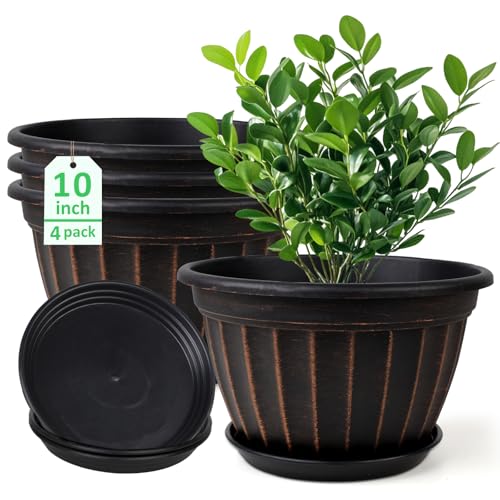 FGstyle 10 Inch Plants Pot,4 Pack Flower Pots,Planters Pot with Drainage Hole & Saucer,Modern...