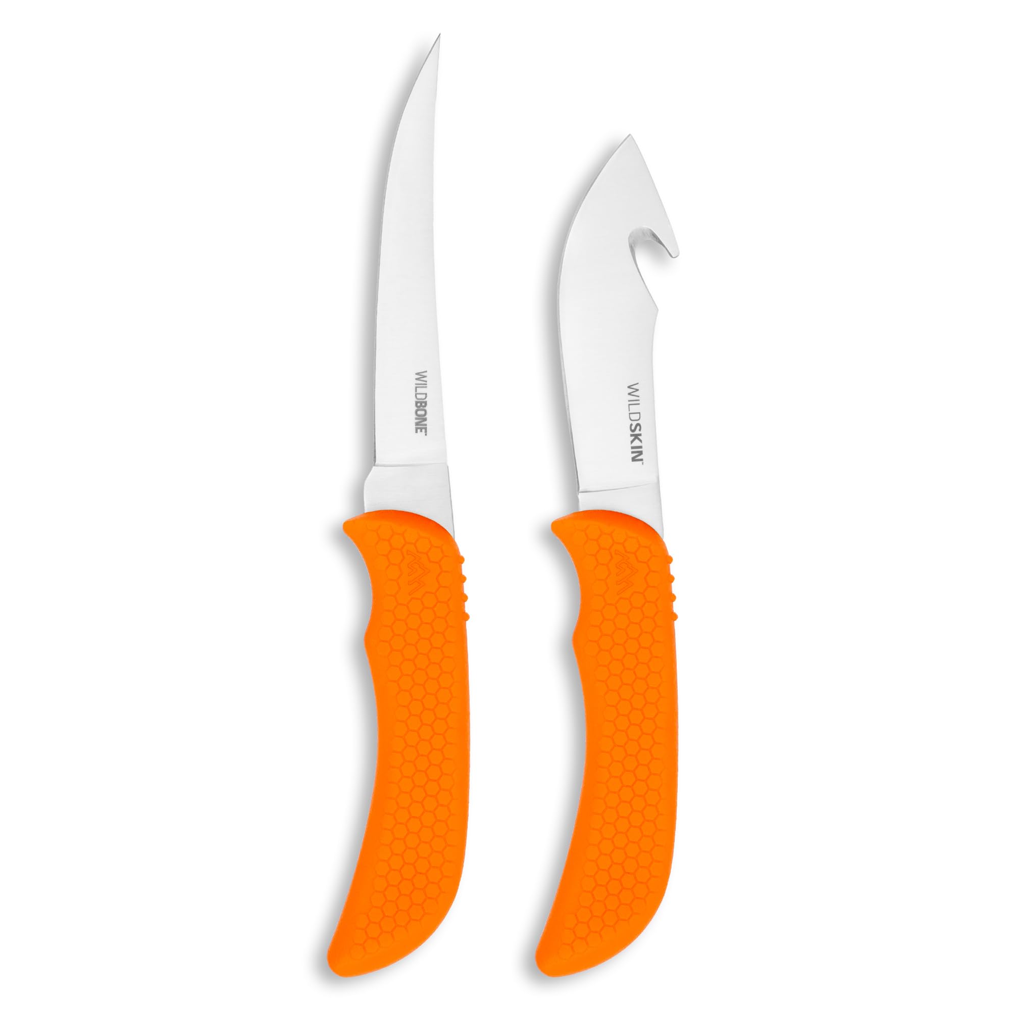 WildBone, 4-Piece Hunting Knife Set, Field Dressing & Game Processing Knives - Gut-Hook Skinning & Boning/Fillet Knife, Carbine/Ceramic Sharpener, Camo Belt Scabbard - Deer & Elk