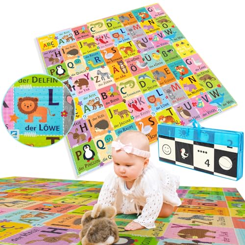 Humbi Spielmatte für Kinder mit Buchstaben, Tieren und Zahlen. Aus XPE-Schaumstoff gefertigt, ist...