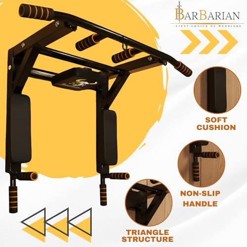 Image of BARBARIAN Heavy Duty Wall Mount Pull Up Bar 3-in-1, Chin Up Bar & Dip Station for Home Gym, Multi-Grip Strength Training Equipment with Steel Frame & 150kg Capacity