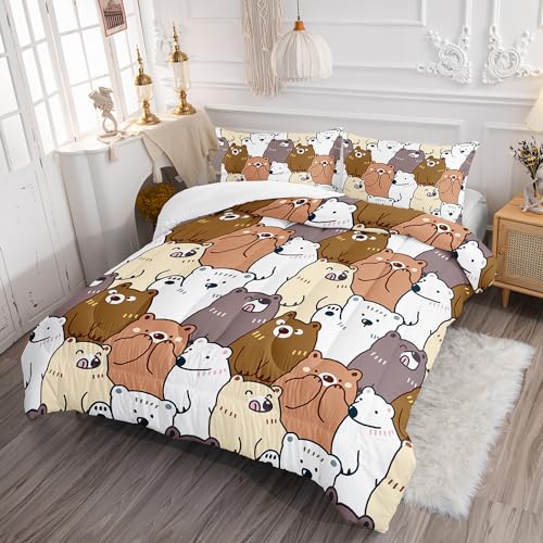 Image of AILONEN Cartoon Bear Comforter Set Queen Size, Kawaii White Polar Bears Bedding Set for Kids Girls Boys,Bear Animal Printed Bed in a Bag,3 PCS Included 1 Comforter 2 Pillowcases for All Season