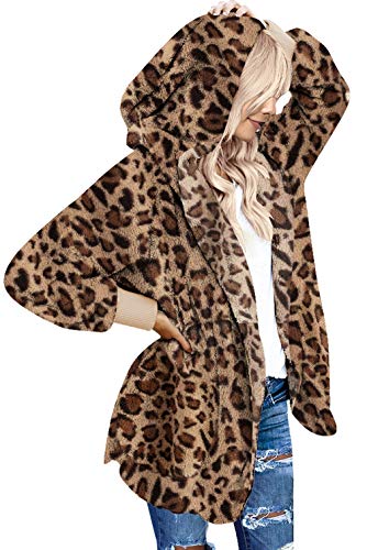 Dokotoo Womens Casual Leopard Print Open Front Long Sleeve Fluffy Fleece Winter Coats Jackets with Hoodies Pockets Cardigans Sweater Outerwear No Zipper M