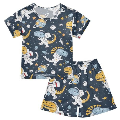 ALAZA Astronaut Dinosaur Star Blue Pajamas Set Short Sleeve Cotton Sleepwear Summer Pjs 2 Piece 5-14Y