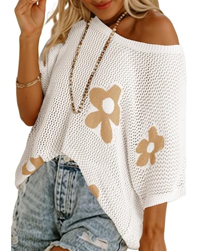 Image of SELINK Flower Crochet Tops for Women Short Sleeve Hollow Out Sweaters Swimsuit Cover Ups Lightweight Knit Pullover