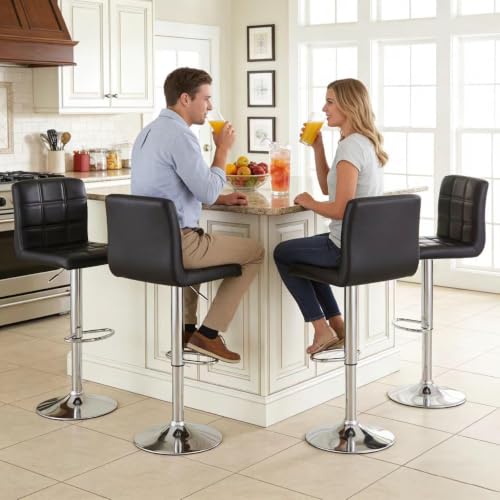 Image of ZENY Set of 4 Adjustable Swivel Barstools, Modern PU Leather Kitchen Counter Bar Stools, Square Back Bar Stool