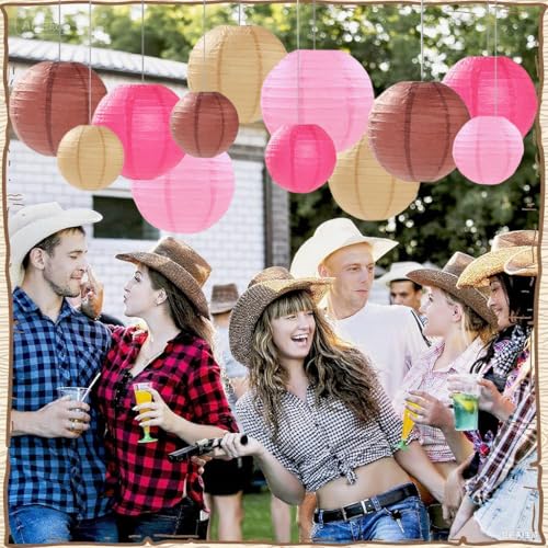 Image of Pink Brown Paper Lanterns Decorative 12pcs Party Hanging Decorations for Western Cowgirl Party Birthday Retro Rodeo Party Supplies for Girls Baby Shower Western Room Decor