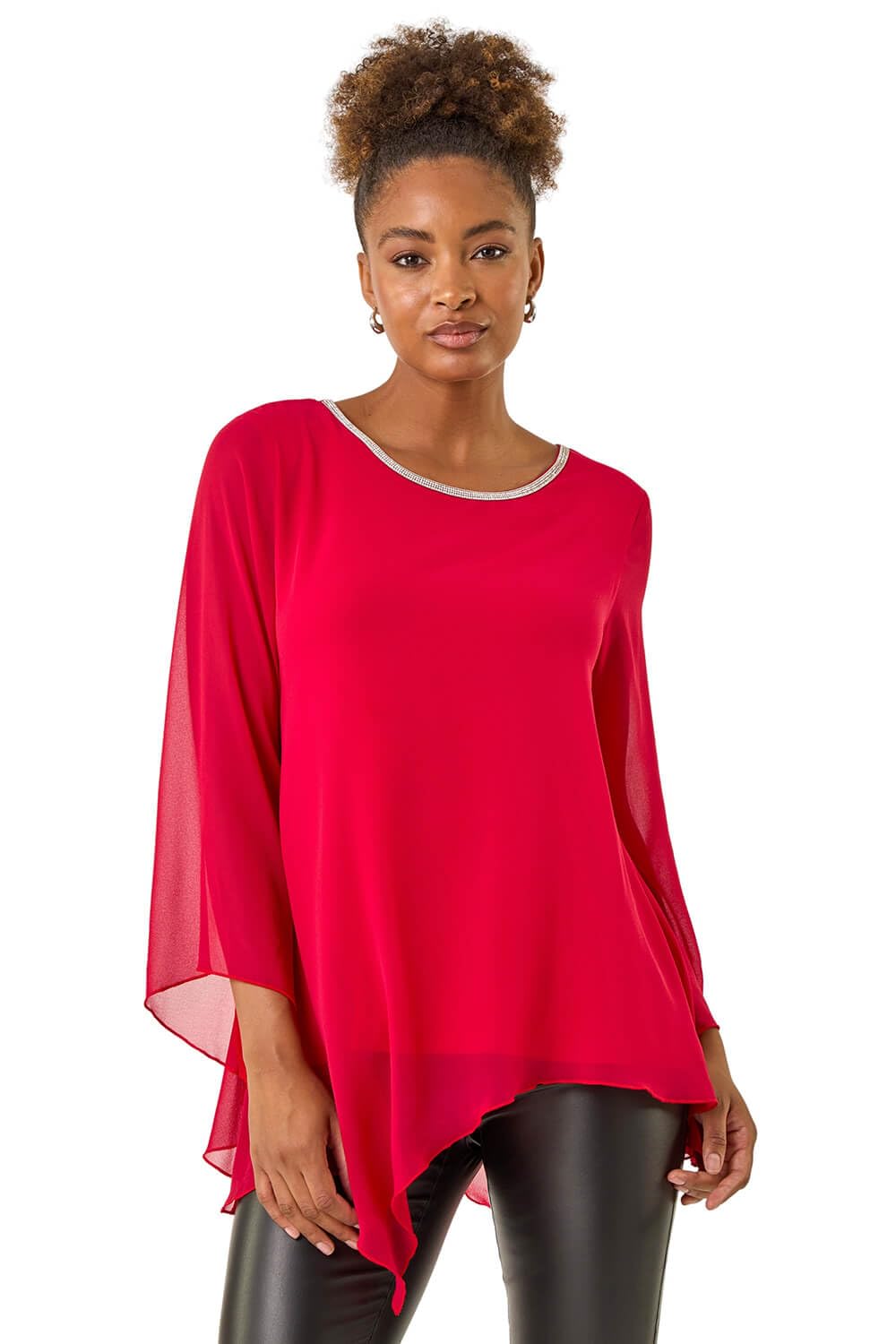 Roman Women's Red Sparkly Asymmetric Chiffon Top Size 10